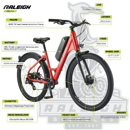 Raleigh Delta-E Adult Bike, 250 W Motor, Aluminum Frame, 27.5-in, Red