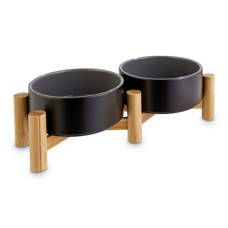 Reddy Black Ceramic & Bamboo Elevated Double Diner, Black, 3.5-Cup