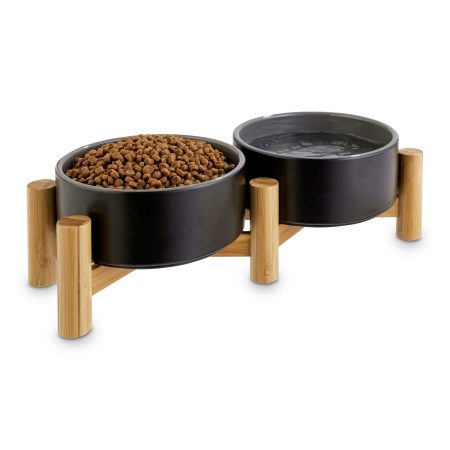 Reddy Black Ceramic & Bamboo Elevated Double Diner, Black, 3.5-Cup