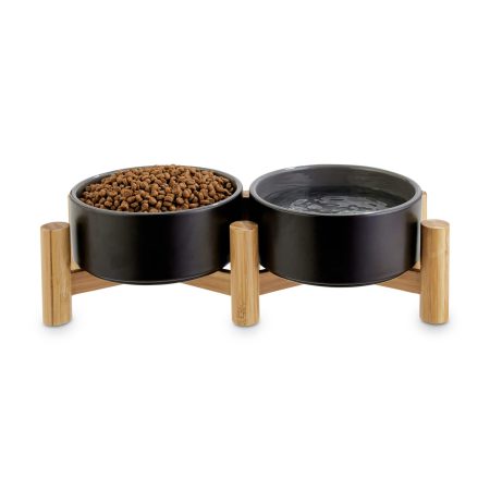 Reddy Black Ceramic & Bamboo Elevated Double Diner, Black, 3.5-Cup