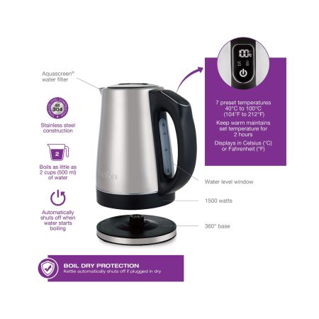 Salton Cordless Electric Kettle with Digital Display, Stainless Steel, 1.7-L