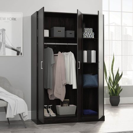 Sauder 3-Door Wardrobe Closet/Armoire Clothes Storage Cabinet With Hanger Rod & Shelves, Espresso