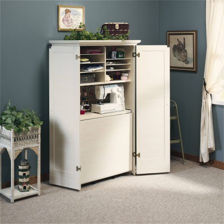 Sauder Harbor View 2-Door Crafting/Sewing Storage Cabinet With Fold-Out Table, White