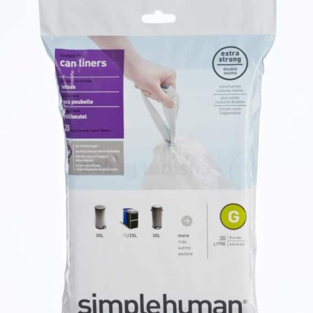 simplehuman Code G Drawstring Custom Fit Trash Can Liners, 20-pk, White, 30-L