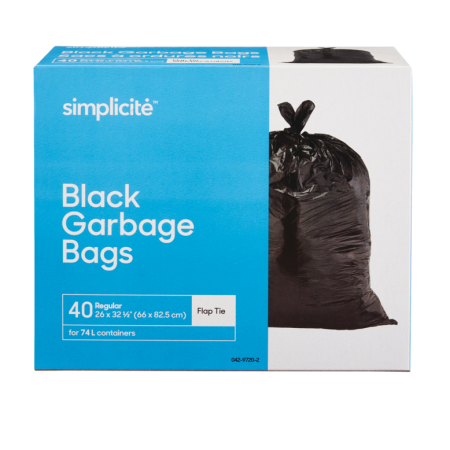 simplicité Regular 4-Flap Ties Outdoor Garbage Bags, 40-pk, Black, 74-L