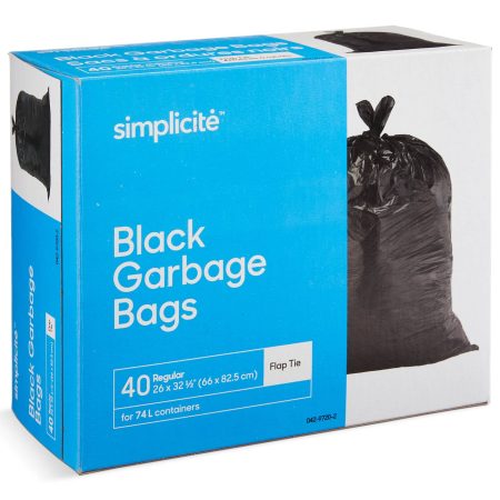 simplicité Regular 4-Flap Ties Outdoor Garbage Bags, 40-pk, Black, 74-L