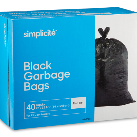 simplicité Regular 4-Flap Ties Outdoor Garbage Bags, 40-pk, Black, 74-L