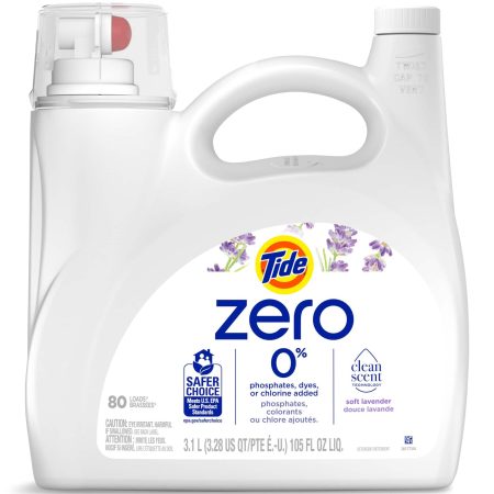 Tide Zero Liquid Laundry Detergent, Soft Lavender, 80-Load, 3.1-L