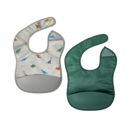 Tiny Twinkle Silicone Pocket Bibs, Dinosaur/Olive, 2-pk