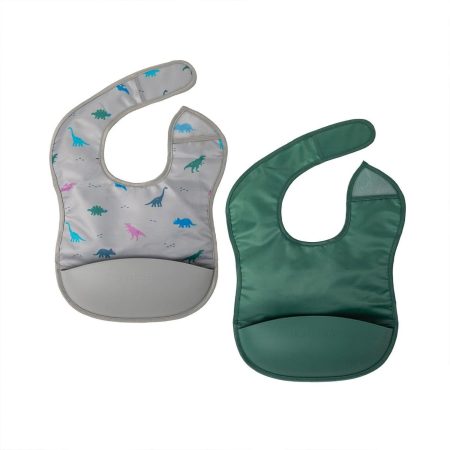 Tiny Twinkle Silicone Pocket Bibs, Dinosaur/Olive, 2-pk