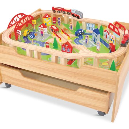 Kids' Wooden Train Track Set & Activity Table w/Rolling Storage Drawer, 100-Piece, Ages 5+