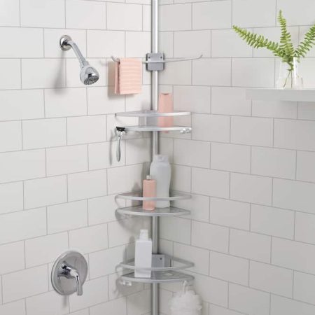 Type A Aluminum Rust-Resistant Adjustable Shelves Tension Pole Shower Caddy, with Hooks