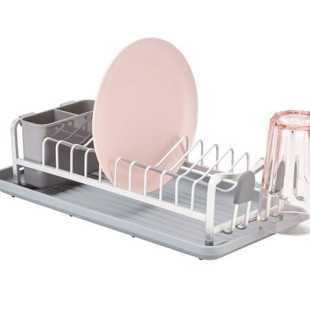 Type A Forte Compact Aluminum Dish Drying Rack with Cutlery Holder & Drainboard, 18.4 x 16-in, White/Grey