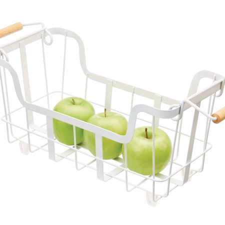 Type A Linear Stackable Metal Wire Storage/Fruit Basket with Wooden Handles, White, Small