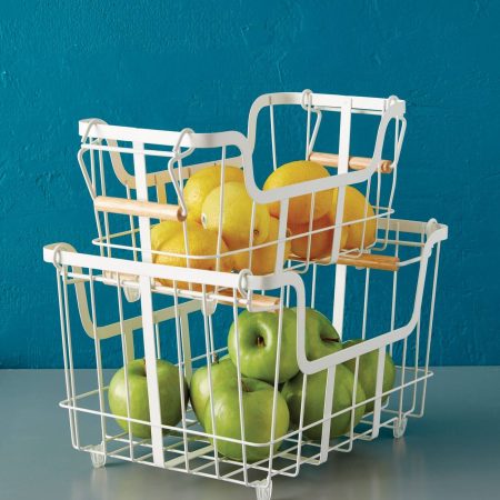 Type A Linear Stackable Metal Wire Storage/Fruit Basket with Wooden Handles, White, Small