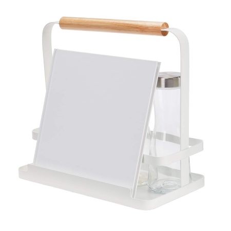 Type A Linear Metal Kitchen Countertop Storage Caddy & Tablet Stand with Wooden Handle, White