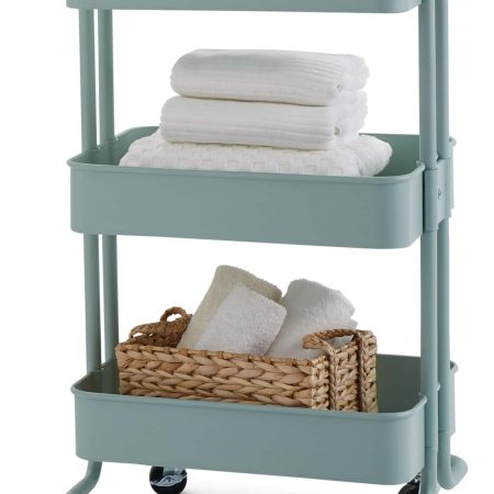 type A Momentum Steel 3-Tier Utility Cart with 4 Wheels, Eucalyptus