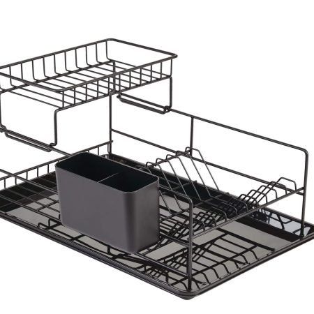 Type A Perspective Steel 2-Tier Dish Drying/Draining Rack with Cutlery Holder, 18.2 x 12.3-in, Black