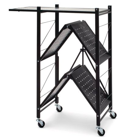 type A Perspective 3-Tier Foldable Storage Rack with Wheels, Black