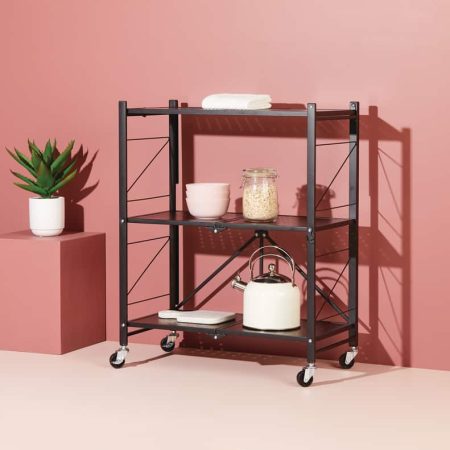 type A Perspective 3-Tier Foldable Storage Rack with Wheels, Black