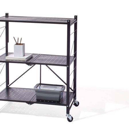 type A Perspective 3-Tier Foldable Storage Rack with Wheels, Black