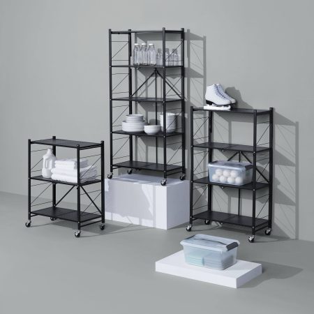 type A Perspective 3-Tier Foldable Storage Rack with Wheels, Black