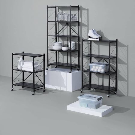 type A Perspective 3-Tier Foldable Storage Rack with Wheels, Black