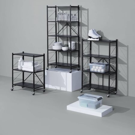 type A Perspective 4-Tier Foldable Storage Rack with Wheels, Black