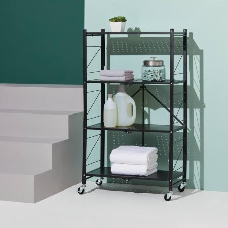 type A Perspective 4-Tier Foldable Storage Rack with Wheels, Black