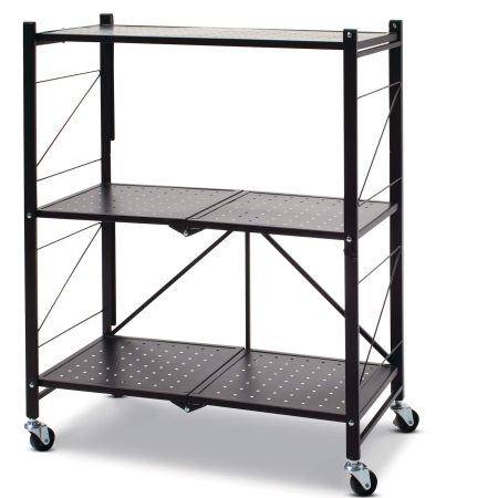 type A Perspective 3-Tier Foldable Storage Rack with Wheels, Black