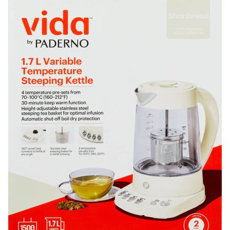 Vida by PADERNO Colour Series Electric Variable Temperature Steeping Kettle, Shortbread, 1.7-L