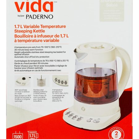 Vida by PADERNO Colour Series Electric Variable Temperature Steeping Kettle, Shortbread, 1.7-L