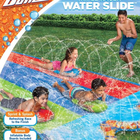 Banzai Inflatable Triple Racer Water Slide w/ Bodyboards, Kids' Summer Water Toy, Age 5+