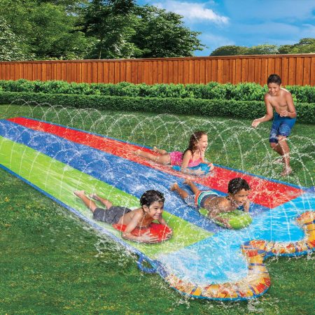 Banzai Inflatable Triple Racer Water Slide w/ Bodyboards, Kids' Summer Water Toy, Age 5+