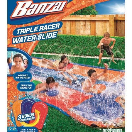 Banzai Inflatable Triple Racer Water Slide w/ Bodyboards, Kids' Summer Water Toy, Age 5+