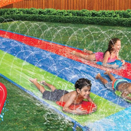 Banzai Inflatable Triple Racer Water Slide w/ Bodyboards, Kids' Summer Water Toy, Age 5+