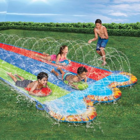 Banzai Inflatable Triple Racer Water Slide w/ Bodyboards, Kids' Summer Water Toy, Age 5+