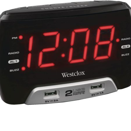 Westclox Red LED Digital FM Clock Radio with 2 USB Charging Ports, 1.4-in