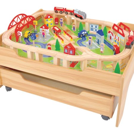 Kids' Wooden Train Track Set & Activity Table w/Rolling Storage Drawer, 100-Piece, Ages 5+