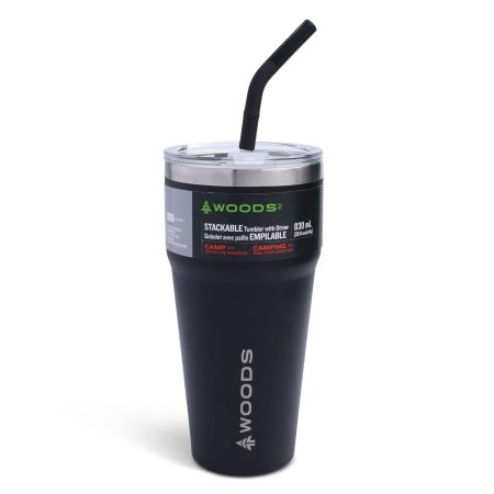 Woods Stackable Insulated Tumbler with Straw, Black, 830-ml