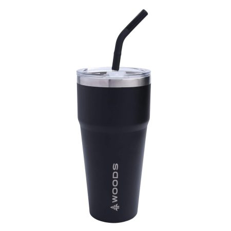 Woods Stackable Insulated Tumbler with Straw, Black, 830-ml