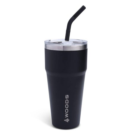 Woods Stackable Insulated Tumbler with Straw, Black, 830-ml