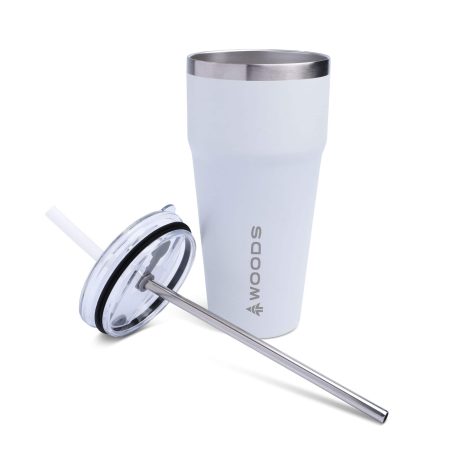 Woods Stackable Insulated Tumbler with Straw, White, 830-ml