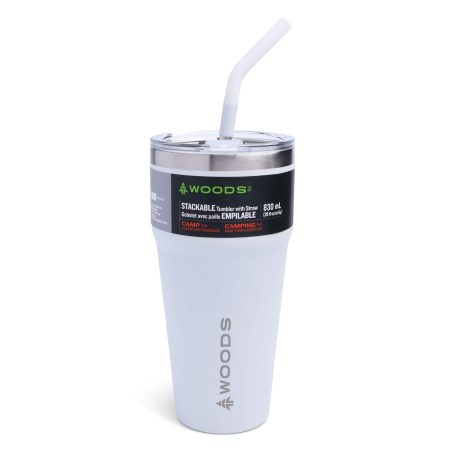 Woods Stackable Insulated Tumbler with Straw, White, 830-ml