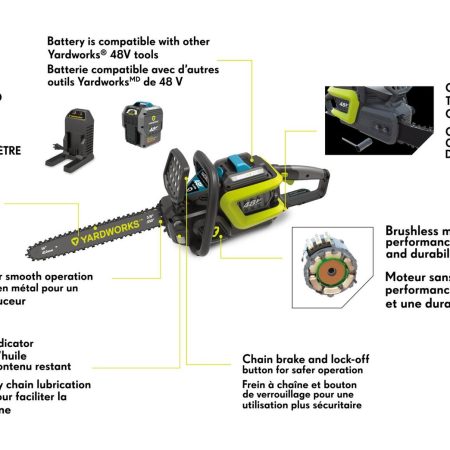 Yardworks 48 V Max Lithium-ion Brushless Chainsaw, 5 Ah Battery Included , 16-in