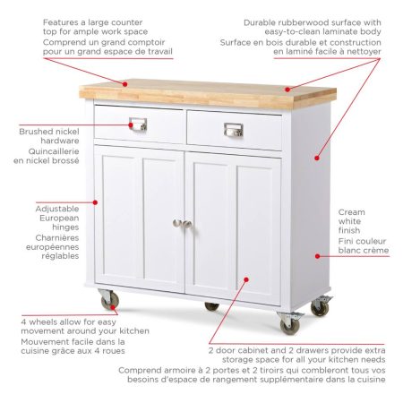 CANVAS Mayfield Wood Top Kitchen Utility Storage Cart/Island With Locking Wheels, White