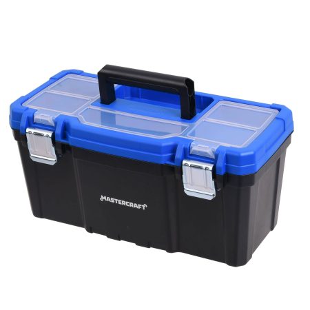 Mastercraft Portable Plastic Tool Box w/ Removable Tray & Tray Top, Blue, 16-in