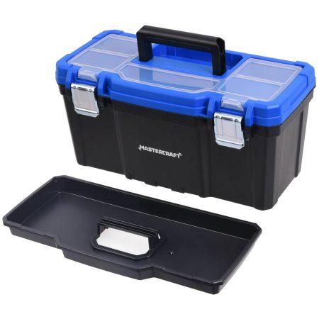 Mastercraft Portable Plastic Tool Box w/ Removable Tray & Tray Top, Blue, 16-in