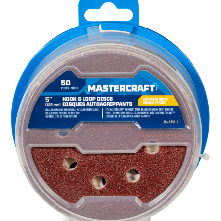 Mastercraft 5-in Assorted Grit Hook & Loop Aluminum Oxide 8-Hole Sanding Disc Set for Wood, Metal, 50-pc