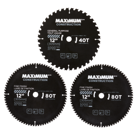 MAXIMUM 12-in 40/80T Carbide Tipped Circular Saw Blade Set for Wood, 3-pc